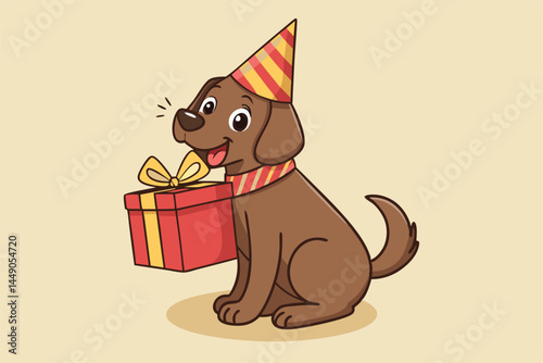 A joyful golden retriever, wearing a festive bandana, proudly carries a beautifully wrapped gift box in its mouth.