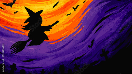 Halloween Witch Silhouette Flying on Broomstick Over Spooky Graveyard with Bats at Sunset, Vibrant Orange and Purple Sky Illustration