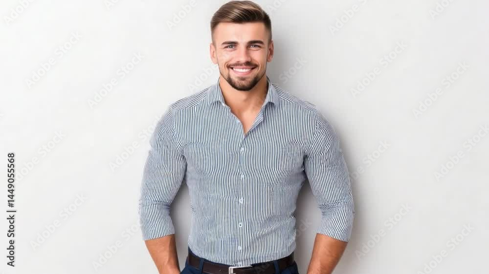 Young man in casual striped shirt with confident smile standing against light background Young man in casual striped shirt with confident smile standing against light background