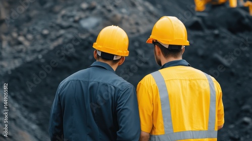 Two workers in yellow hard hats and safety vests stand together at a construction or mining site, facing away from the camera.