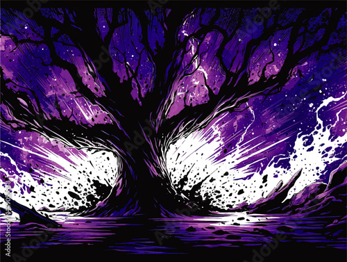 Surreal Black Silhouette Tree Exploding with Energy in Night Sky, Abstract Vibrant Purple and White Artistic Illustration