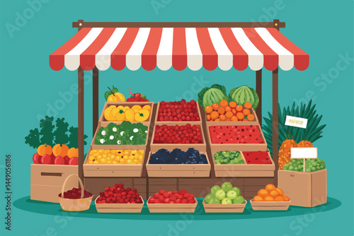 Vibrant illustration of a farmer's market stall overflowing with colorful, fresh produce;  customers browsing.