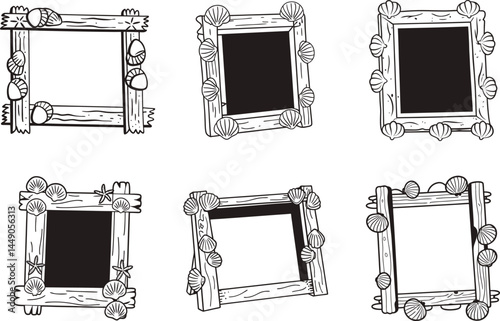 Collection of hand drawn wooden frames with seashells and starfish