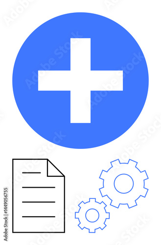 White plus sign in blue circle paired with document and gear icons symbolizing addition, organization, functionality. Ideal for themes thumbs up technology, healthcare, automation, productivity