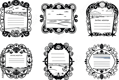 Set of six decorative frames with a nautical beach theme and placeholders