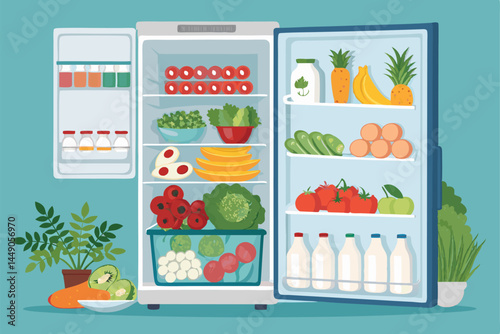 Create a vibrant illustration of an open refrigerator overflowing with fresh, colorful fruits, vegetables, and dairy products.  Show a sense of abundance and healthy eating.