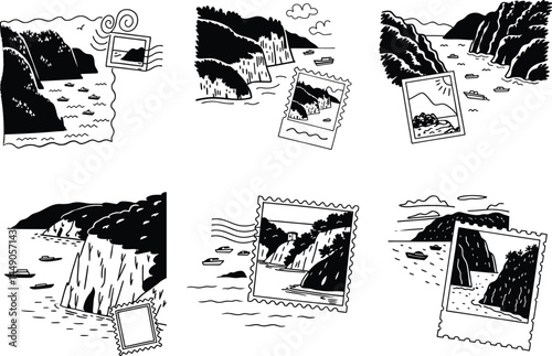 Black and white seamless pattern of coastal views with stamps travel concept