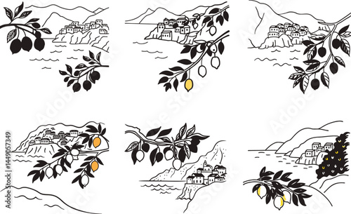 Mediterranean coastline with lemons illustration set black and white