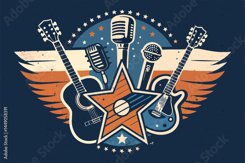 Design a grungy, textured poster for an indie karaoke club night.  Include microphone, musical notes, and a distressed, vintage aesthetic.