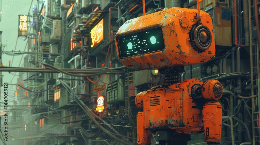 Rusty orange robot in a futuristic city Rusty orange robot in a futuristic city