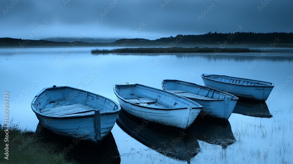 Obraz premium Four weathered boats anchored peacefully in a tranquil, blue-hued waterscape.