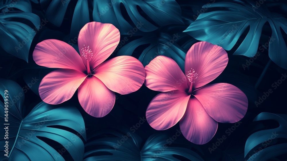Fototapeta premium Pink Hibiscus Flowers Among Teal Monstera Leaves
