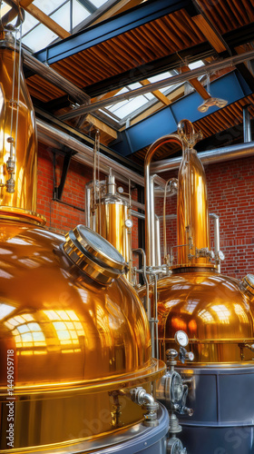 Copper distillation equipment in a brewery or distillery.  Large, polished copper tanks. Industrial interior