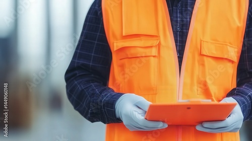 A person wearing an orange safety vest and gloves holds a clipboard in an industrial or workplace setting.