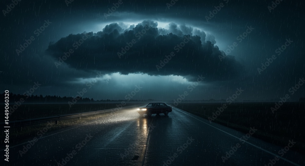 Fototapeta premium Car headlights pierce a stormy night