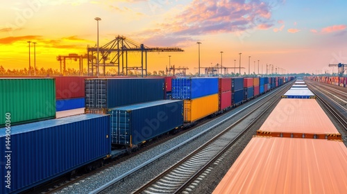 Cargo containers on trains at a busy railway yard during sunset, with cranes in the background.