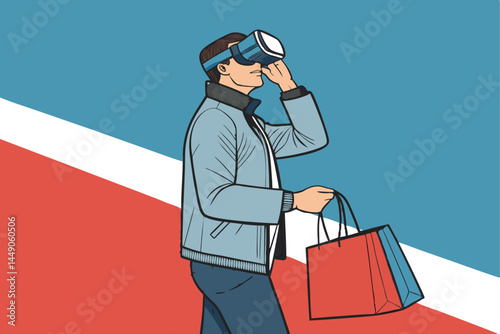 A man immersed in a virtual shopping experience, wearing a VR headset, browses products in a 3D virtual store.