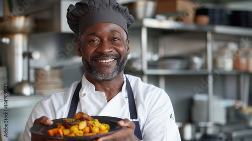 Chef proudly presents a delicious dish