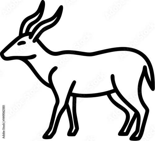 A cute black and white vector illustration shows a cartoon Antelope silhouette, a funny animal drawing.
