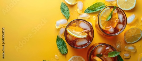 Refreshing iced tea with orange slices and mint leaves on colorful background. Top view of iced tea decorated with ice, leaves and sliced citrus fruit. Flat lay composition with copy space. AIG55.