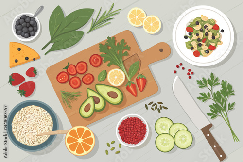 Create a stylish overhead vector illustration of a modern kitchen featuring an "H" element in the design.  Show sleek countertops, appliances, and utensils.