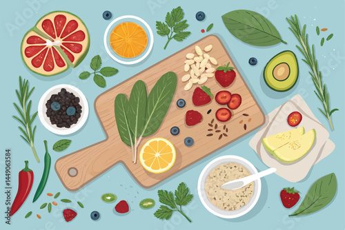 Create a stylish, top-down vector illustration of a modern kitchen countertop, showcasing sleek appliances and minimalist design elements. Include subtle hints of natural light.