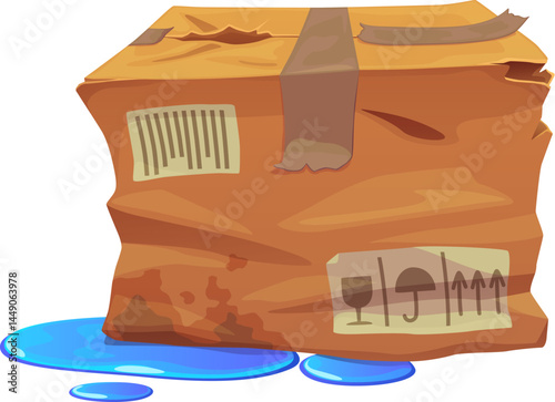 Damaged and crumpled package cardboard box. Damaged dirty delivery package, destroyed crumpled isolated cartoon vector cardboard paper box. Ripped wet cargo parcel or broken crushed shipping container