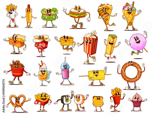 Fast food groovy takeaway food characters. Cartoon retro cute egg sandwich, hot dog, french fries and burrito vector personages. Groovy psychedelic chicken legs, sushi, waffles, popcorn and noodles