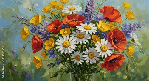 Floral arrangement Poppies daisies and yellows burst forth