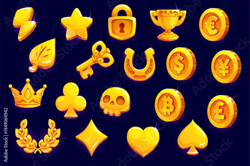 Golden icons game asset set, vector UI items. Cartoon casino slot machine gold coins, crown, skull, star and heart, key, trophy, lightning and luck horseshoe. Golden asset for rpg, mobile and 2d games