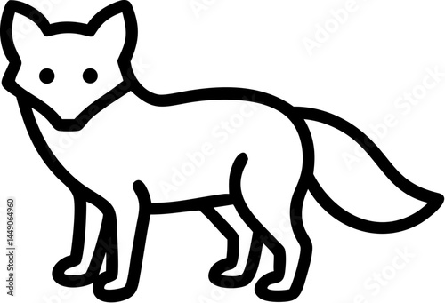 A cute black and white vector illustration shows a cartoon Aractic fox silhouette, a funny animal drawing.