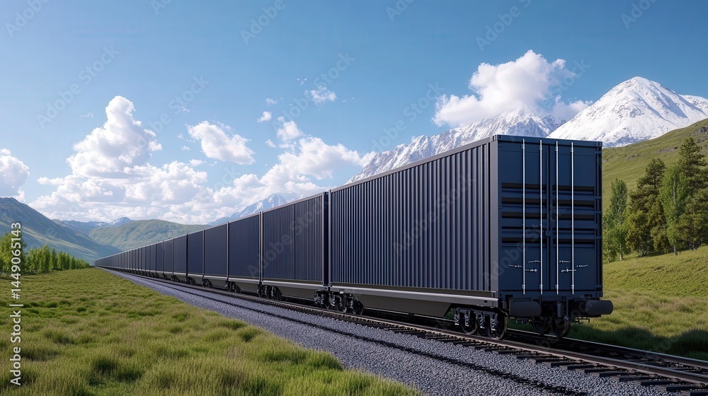 Fototapeta premium A long freight train travels through a scenic mountain landscape on a clear, sunny day.