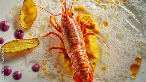 Avant garde lobster tail dish with poached garnish on elegant modern plating for gourmet culinary presentation
