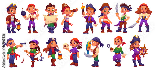 Kid corsair pirate characters, party costumes, swords, guns and hook. Cute boys and girls pirate captain and sailor vector personages with black hats, bandanas and eye patches, treasure map and parrot