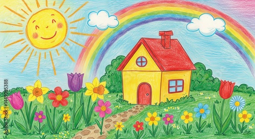 Happy home under rainbow and sunshine