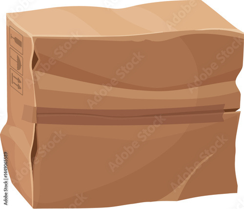 Damaged and dirty package cardboard box. Destroyed dirty shipping container, ripped crushed isolated cartoon vector delivery box. Damaged crumpled cardboard paper parcel or broken wet cargo package