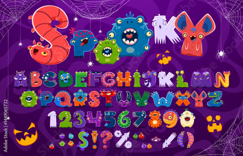 Cartoon monster characters font, cute and crazy type, fantasy alien typeface, Halloween english alphabet vector typography set. Funny ghost, slime, dragon and alien animal monsters font abc letters