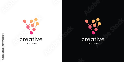 Initial letter V Innovate technology startup with abstract dot, molecule and network internet system graphic  illustration. symbol, icon, creative  vector logo design 