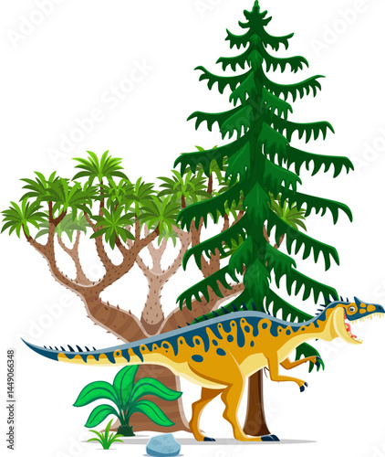 Neovenator prehistoric dinosaur character in a lush tropical jungle forest natural habitat with trees, rocks and ferns. Isolated cartoon vector ancient carnivore reptile animal of Early cretaceous era
