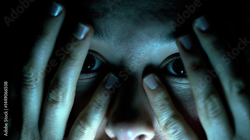 A close-up image of a person’s face partially obscured by hands, creating an intense emotional atmosphere. The subject’s eyes are wide open, conveying a sense of fear or anxiety, with soft lighting em