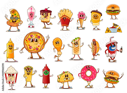 Groovy fast food characters with vector psychedelic hippie burgers, drinks and desserts. Cartoon retro groovy pizza, hamburger, hot dog and coffee. Mexican fast food taco, burrito, nachos and soda
