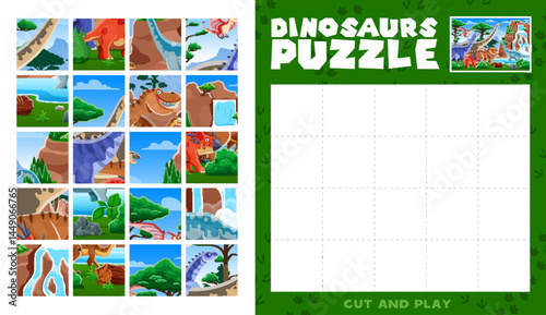 Prehistoric dinosaur animals jigsaw puzzle logic game. Dinosaurs jigsaw puzzle vector worksheet with tyrannosaur, styracosaurus, hypselosaurus and plateosaurus, paralititan, pteranodon cute characters