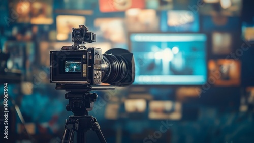 Empty television studio with camera