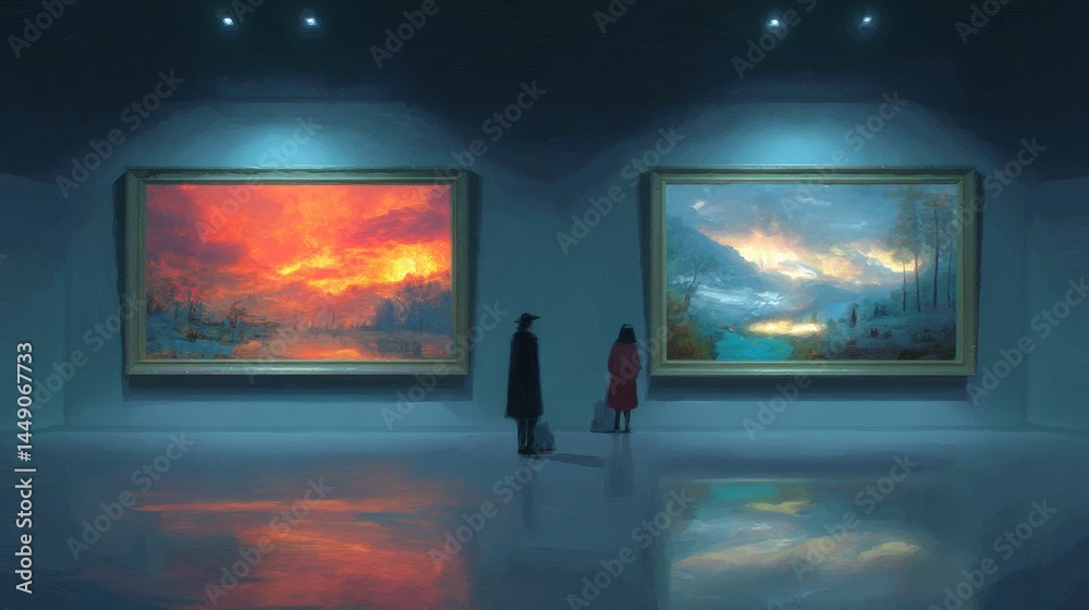 Obraz premium A serene art gallery scene featuring two figures standing in front of two large paintings, one depicting a fiery sunset and the other a tranquil mountainscape, with soft lighting illuminating the canv