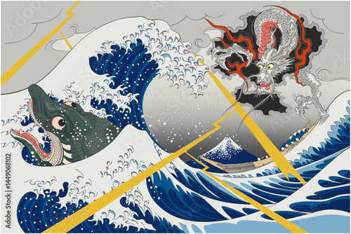 浮世絵　神奈川沖浪裏と怪獣のイメージイラスト