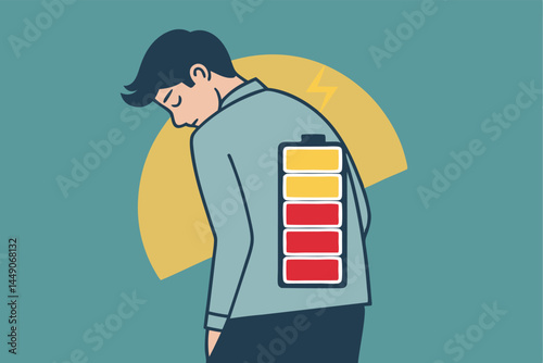 Depiction of a person burdened by numerous drained batteries strapped to their back, symbolizing exhaustion and depletion.