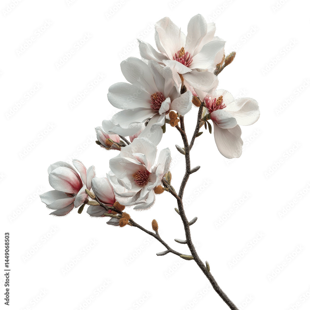 Obraz premium Delicate Magnolia Blossom Branch Against a Green Transparent background