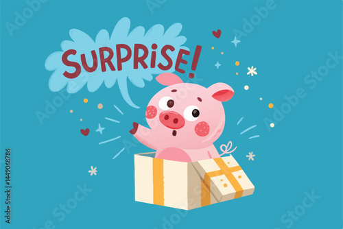 A cute piglet pops out of a large gift box, grinning widely and saying "Surprise!"  The box is brightly decorated.
