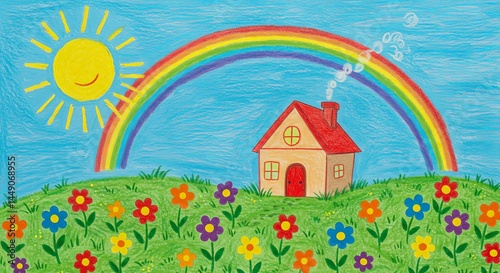 Sunny rainbow over flowery home scenery