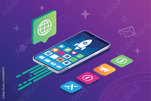 Design a vibrant poster announcing a new app launch, featuring a sleek smartphone floating in mid-air.  Emphasize modern, clean aesthetics.